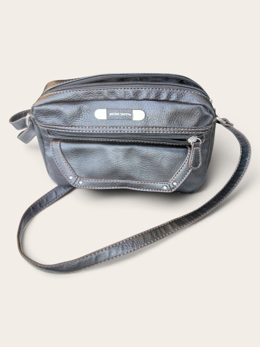 Jaclyn Smith Black Leather  Crossbody Bag with Front Zip Pocket